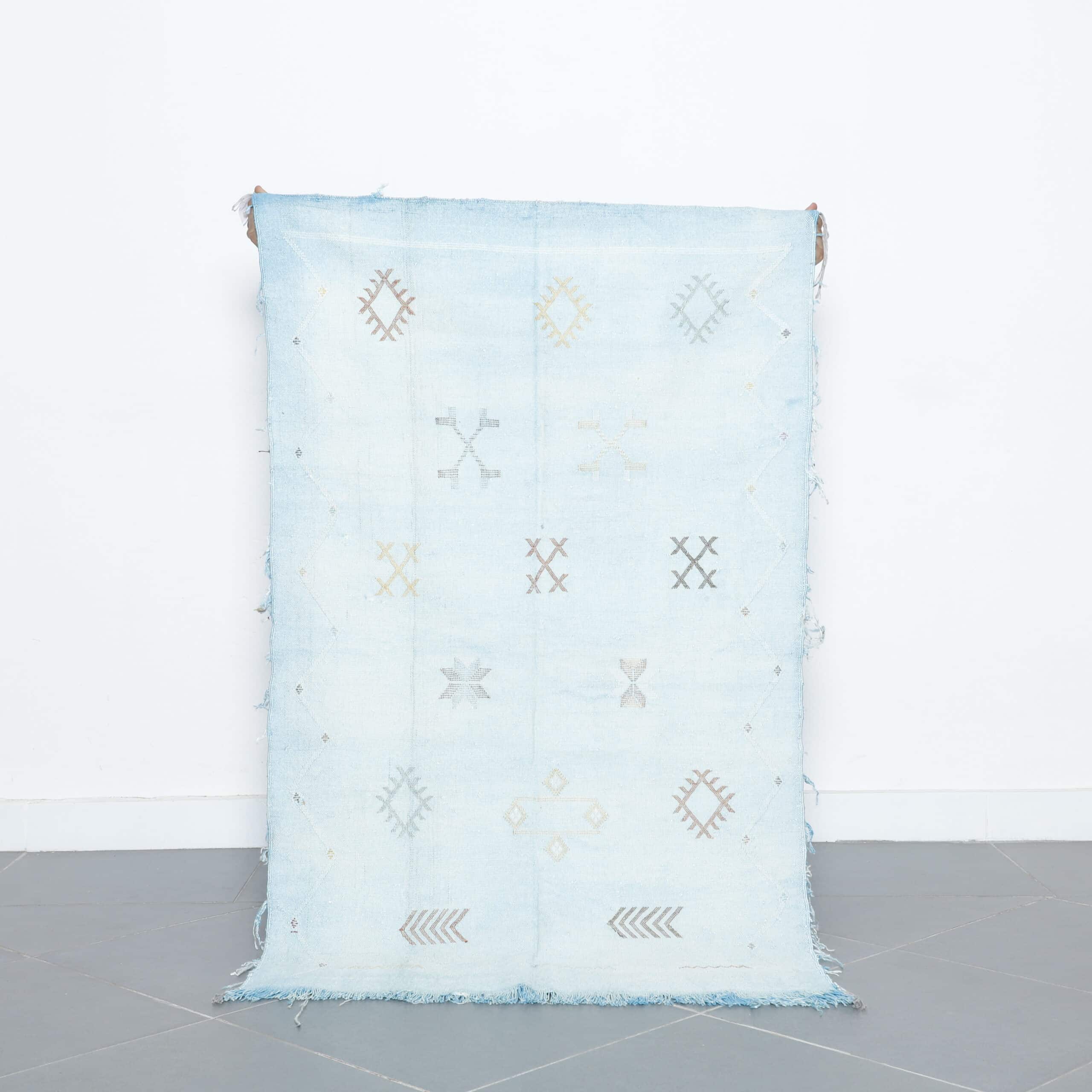 Light Blue Handwoven Moroccan Cactus Silk Rug Geometric