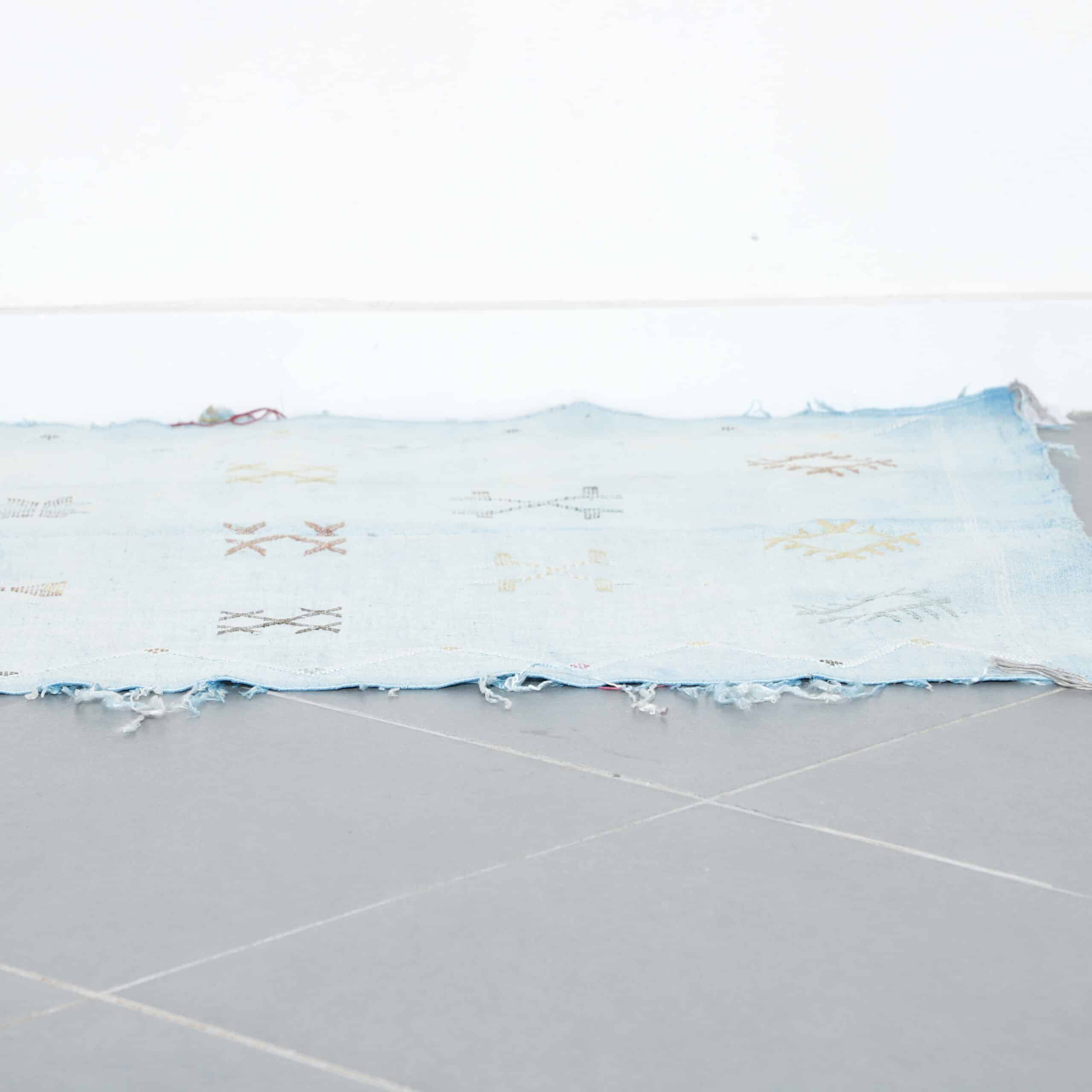 Light Blue Handwoven Moroccan Cactus Silk Rug Geometric - Image 2