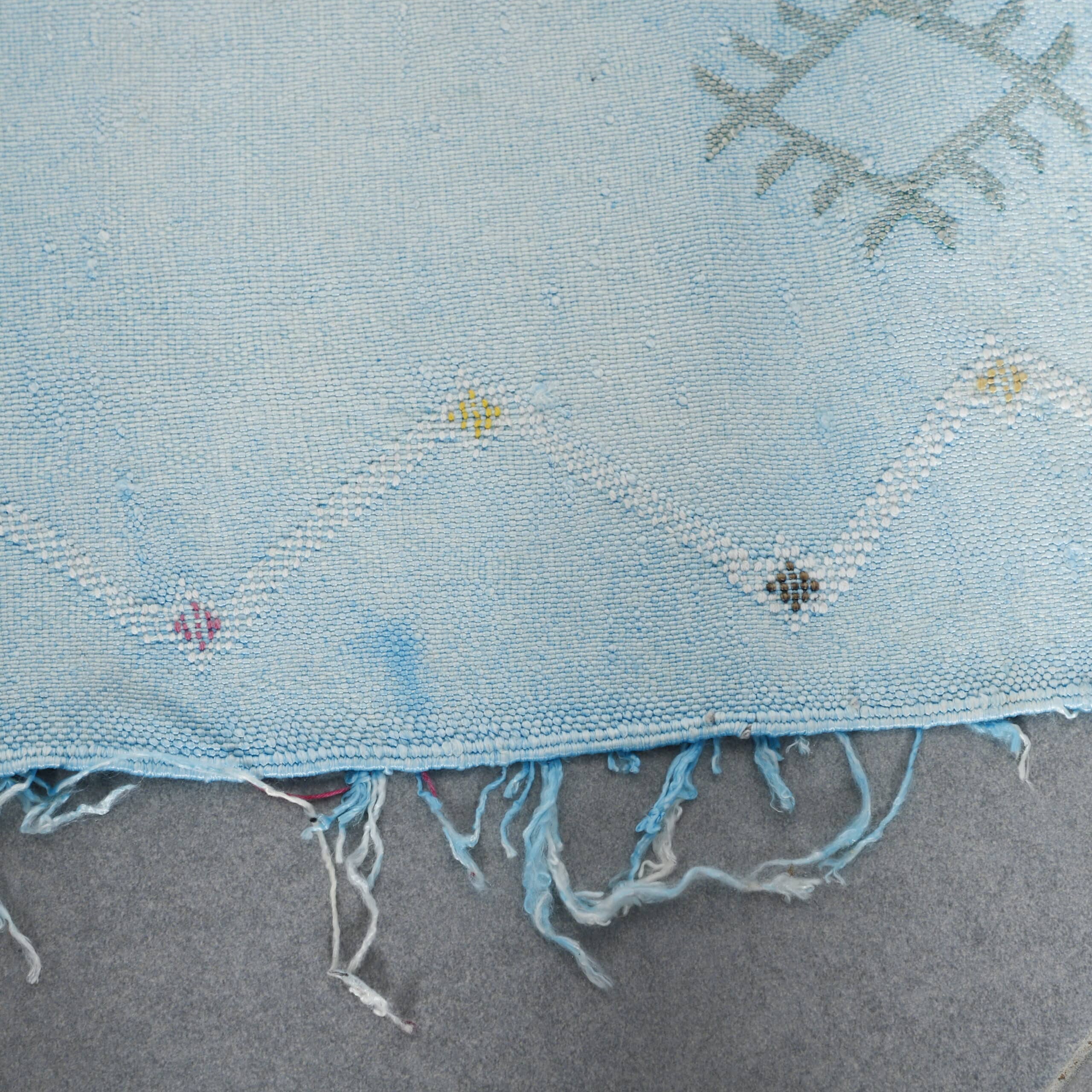 Light Blue Handwoven Moroccan Cactus Silk Rug Geometric - Image 3