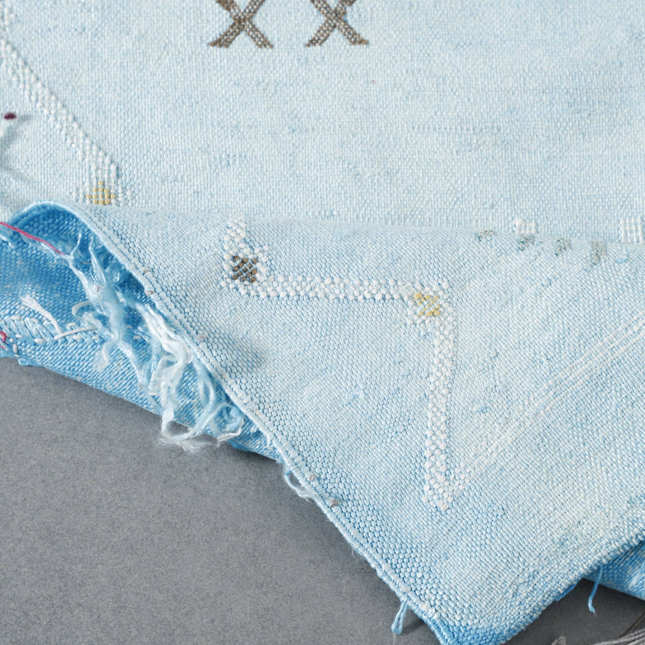 Light Blue Handwoven Moroccan Cactus Silk Rug Geometric - Image 5