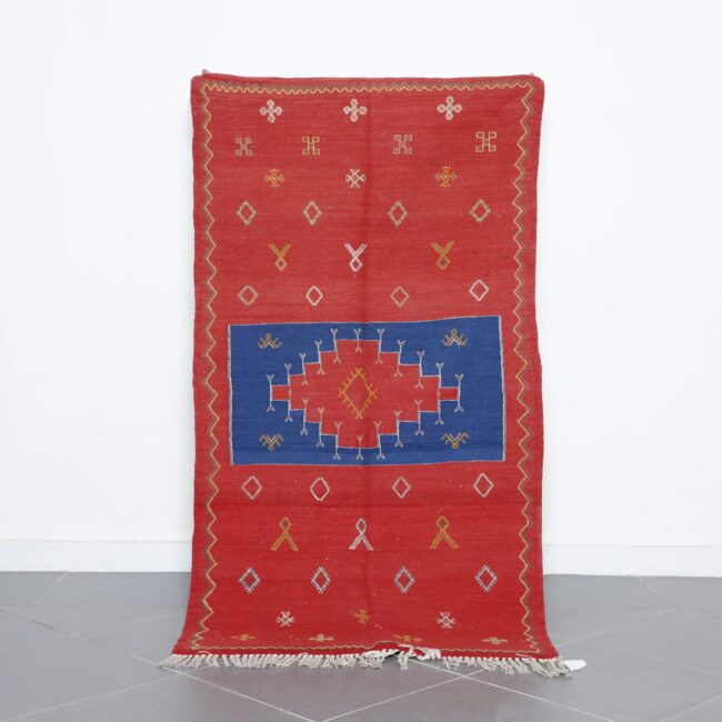 Red and Blue Moroccan Kilim rug with Geometric Motifs