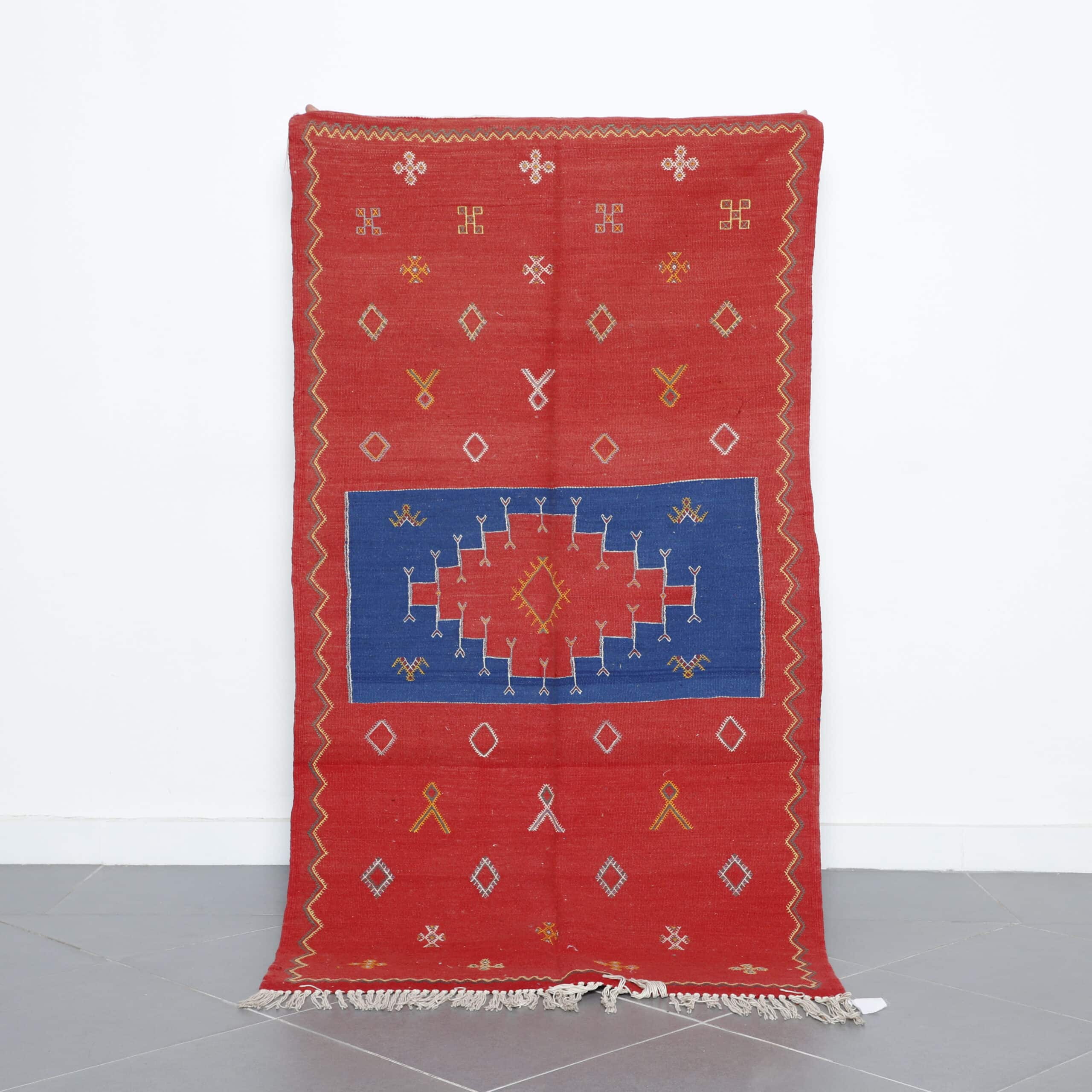 Red and Blue Moroccan Kilim rug with Geometric Motifs