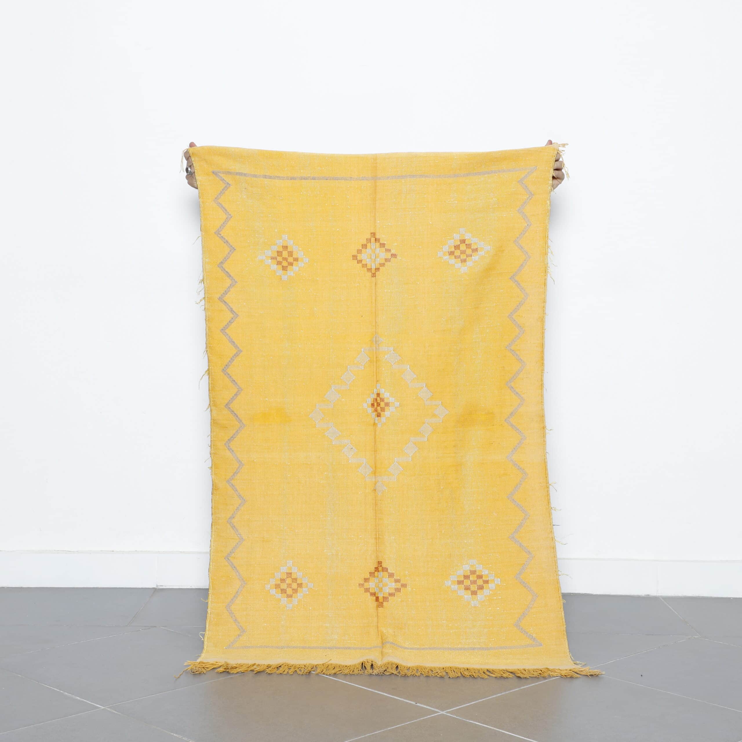 Golden Moroccan Kilim Rug with Diamond Motifs