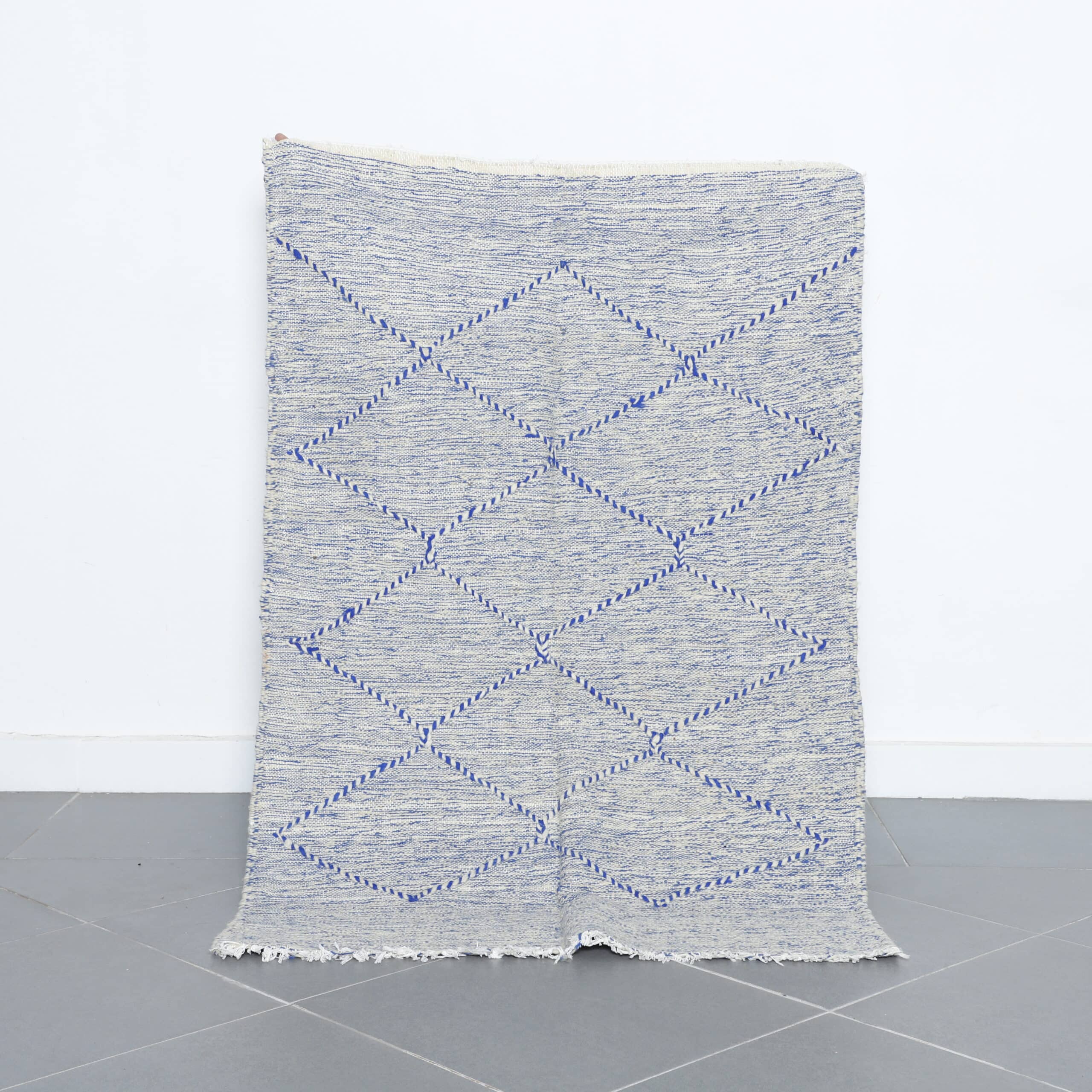 Blue and White Moroccan Kilim with Diamond Lattice