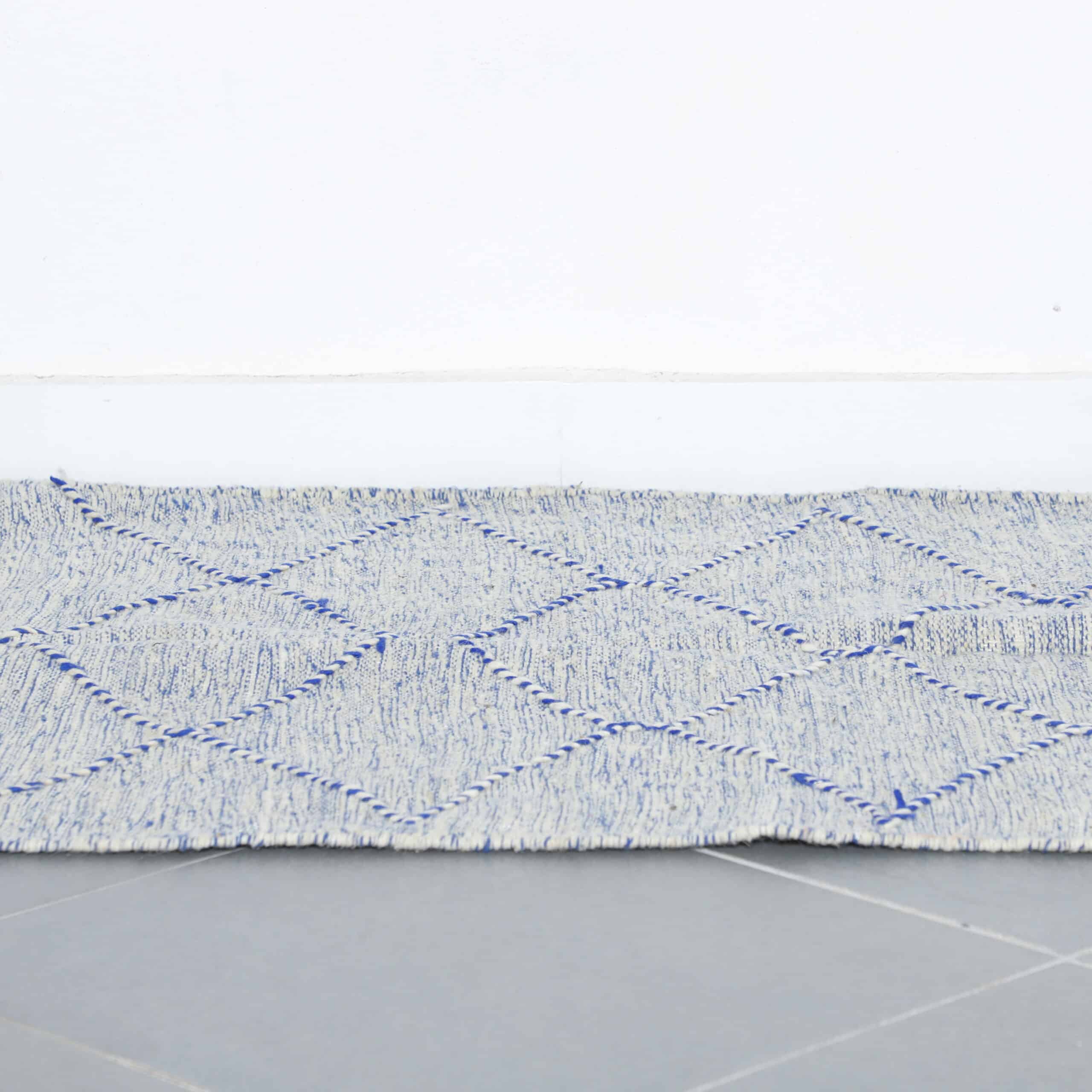 Blue and White Moroccan Kilim with Diamond Lattice - Image 4