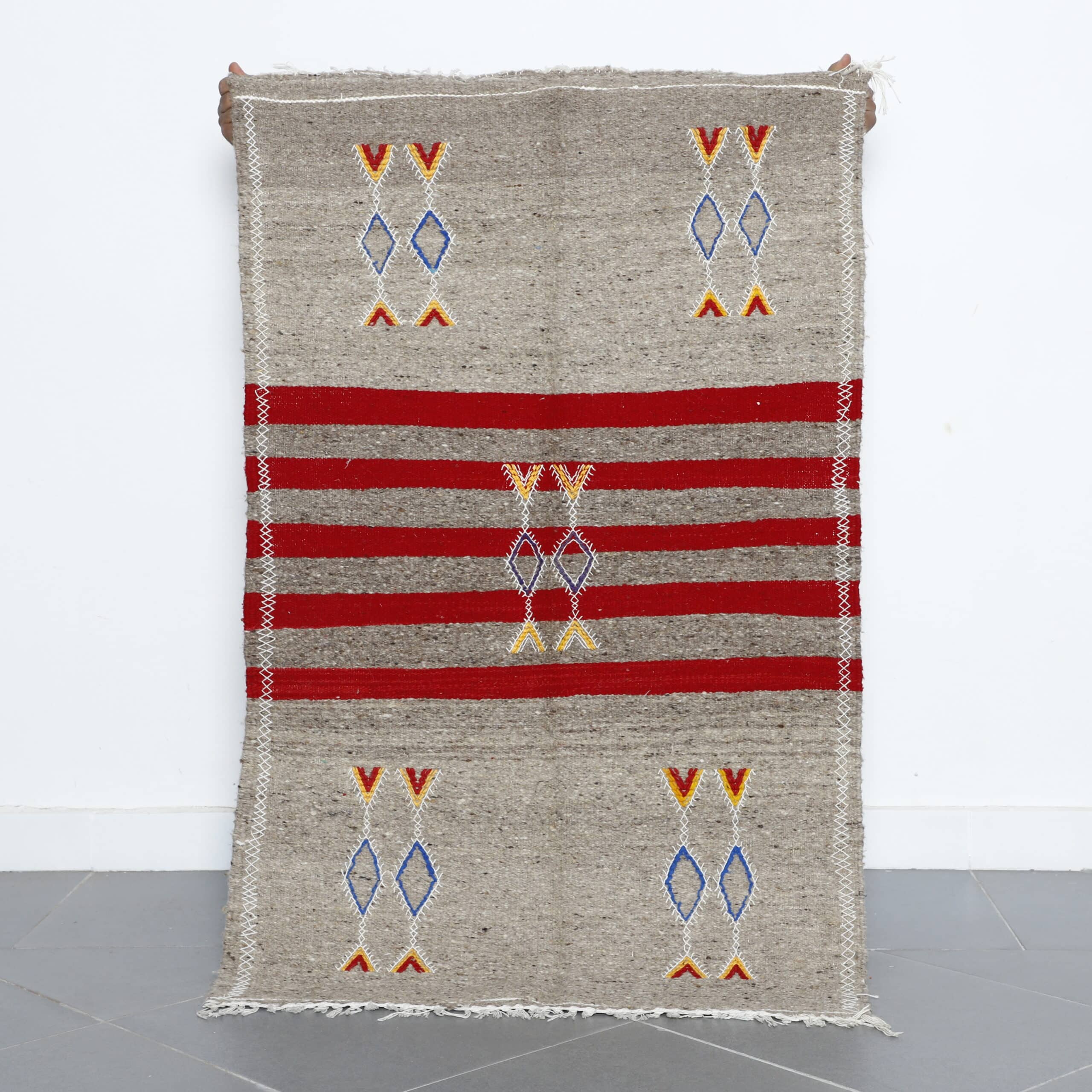 Geometric Moroccan Kilim with Red Stripes