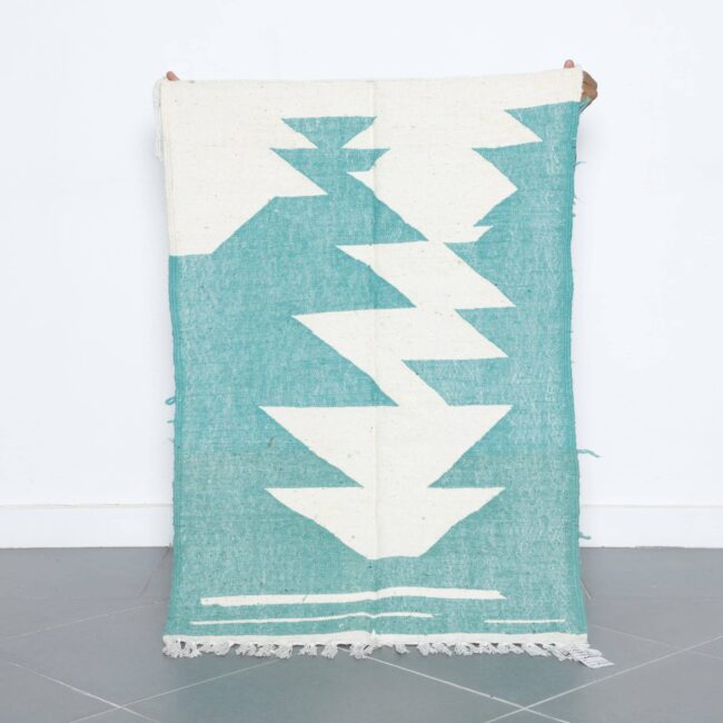 Turquoise and White Moroccan Kilim with Geometric Design