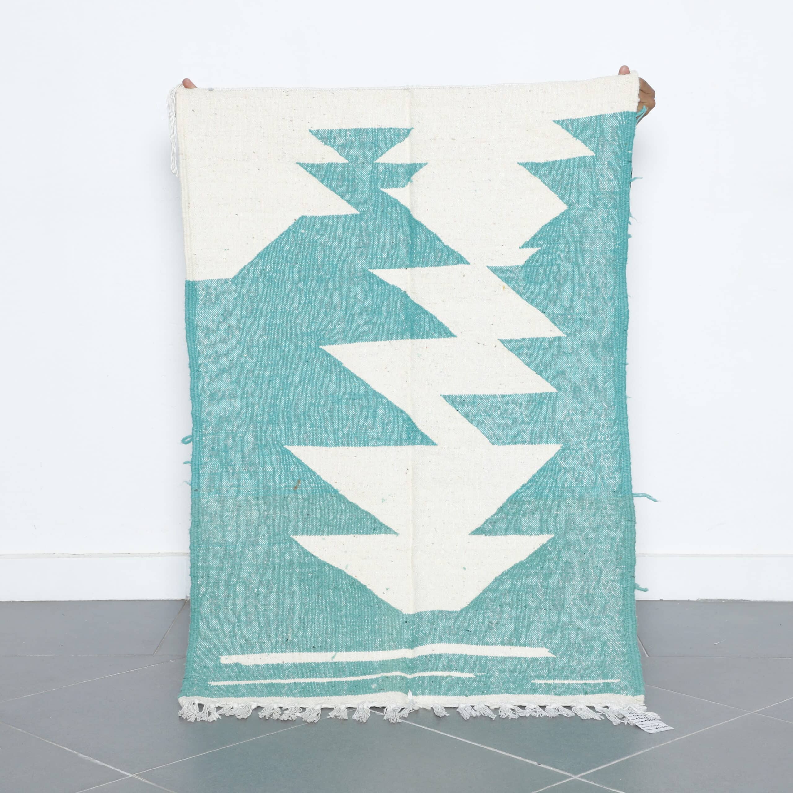 Turquoise and White Moroccan Kilim with Geometric Design