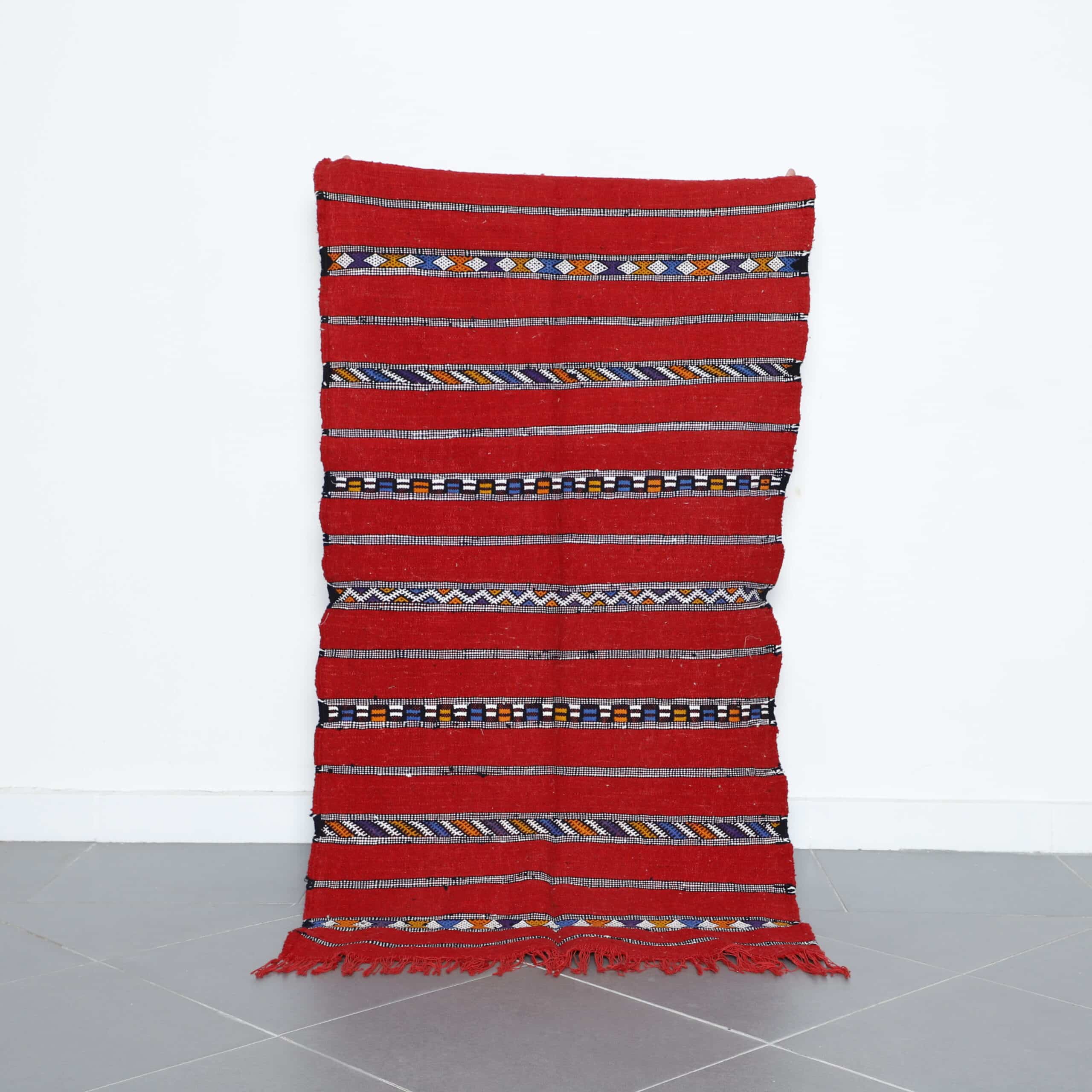 Vibrant Red Moroccan Kilim with Horizontal Stripes