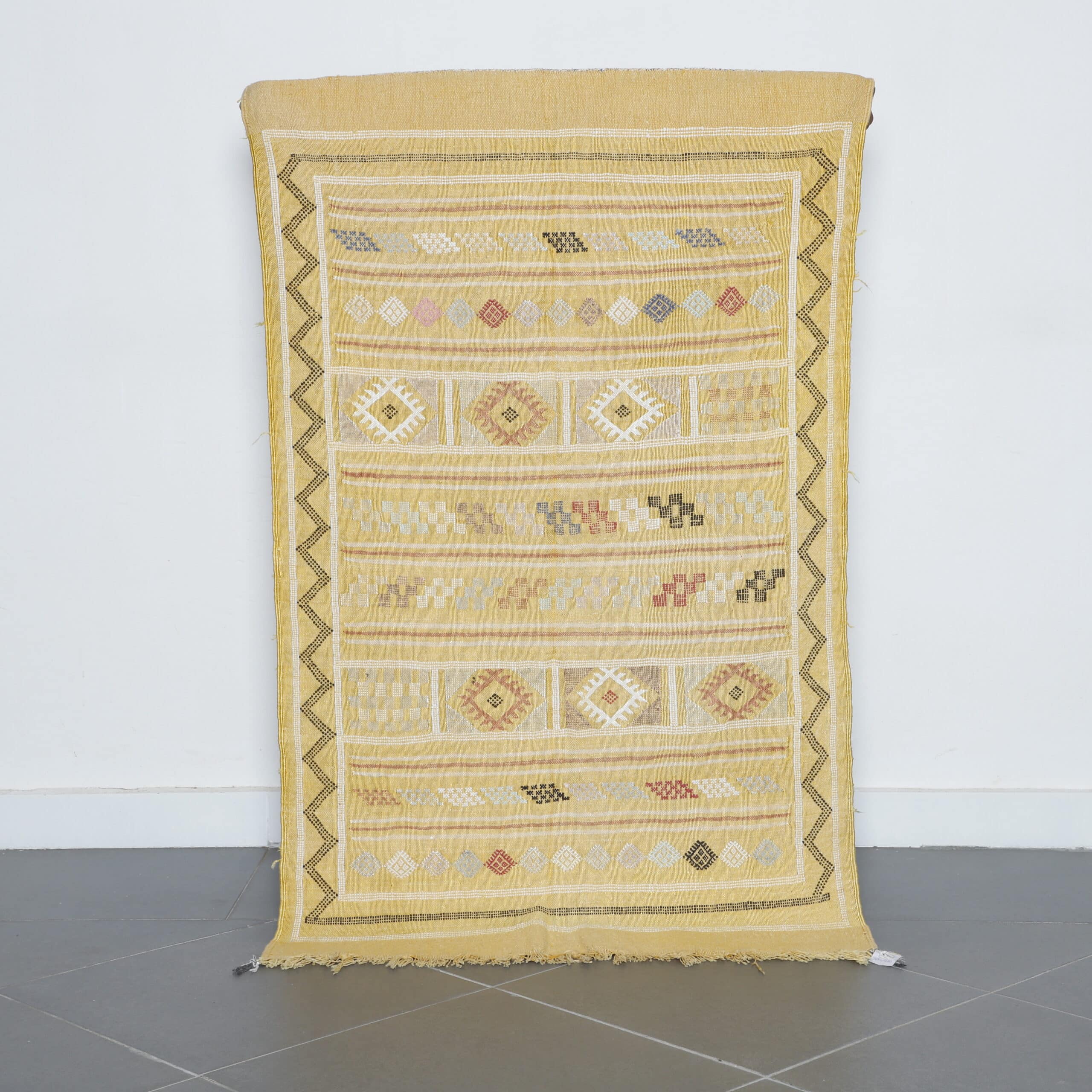 Yellow Moroccan Kilim with Geometric Motifs